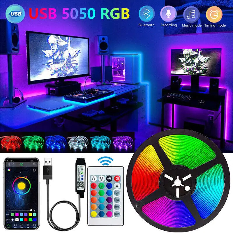 Tiras de luces LED Bluetooth inteligentes SMD 5050 con control remoto por aplicación, cinta flexible de diodos, lámpara de cinta, retroiluminación para TV, sala de juegos y decoración del hogar.