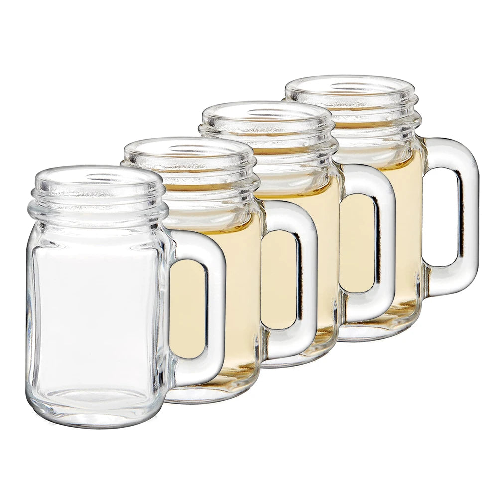 Juego de 4 mini vasos de cristal tipo tarro Mason con asas de cristal, ideales para beber whisky.