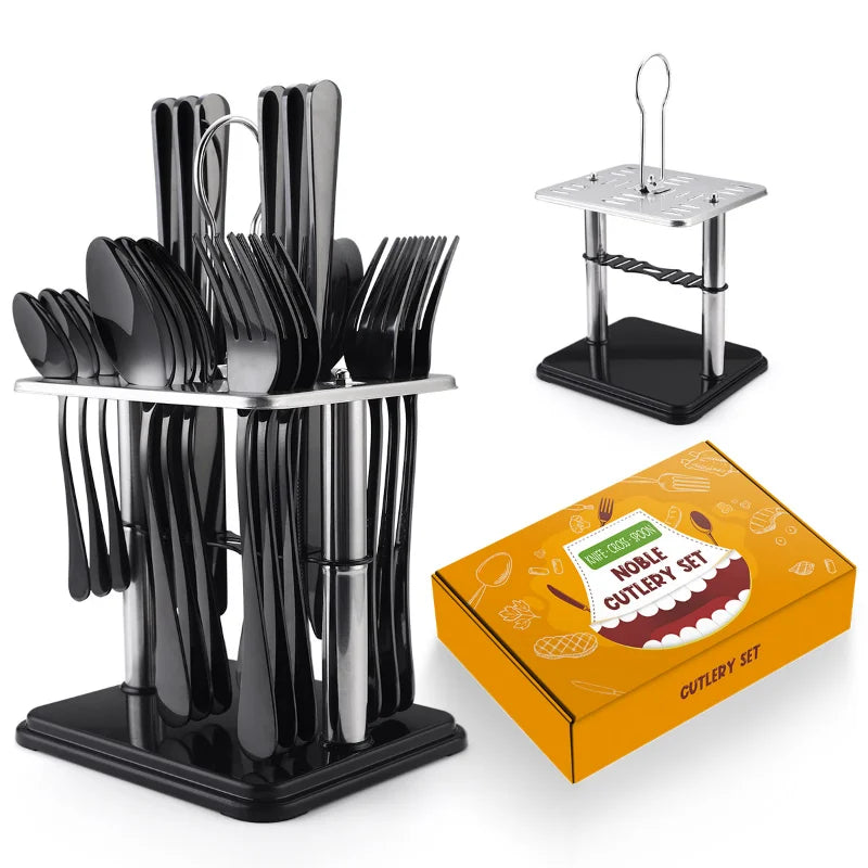 Juego de cubiertos de acero inoxidable de 24 piezas con mango de cerámica y diseño de martillo (cuchillo, tenedor y cuchara). Juego de cubiertos de viaje.