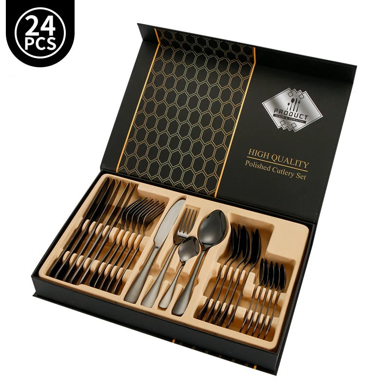 Juego de vajilla dorada de 24 piezas, lujo ligero, acero inoxidable, cubiertos, tenedor, cuchillo, cuchara, vajilla minimalista con caja de regalo.