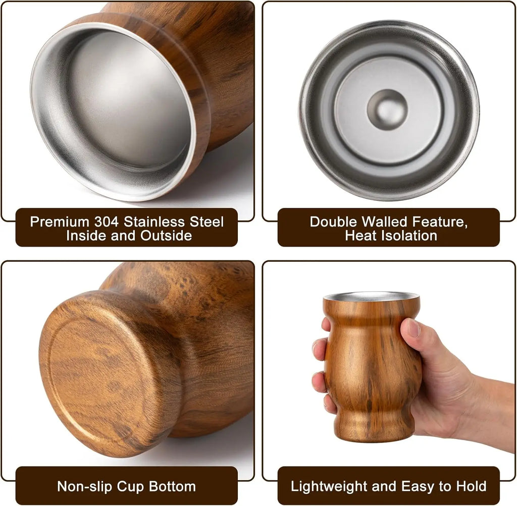 El set de mate incluye una taza de mate de acero inoxidable 18/8 de doble pared, una bombilla de mate (pajita) y un cepillo de limpieza (madera, 230 ml).