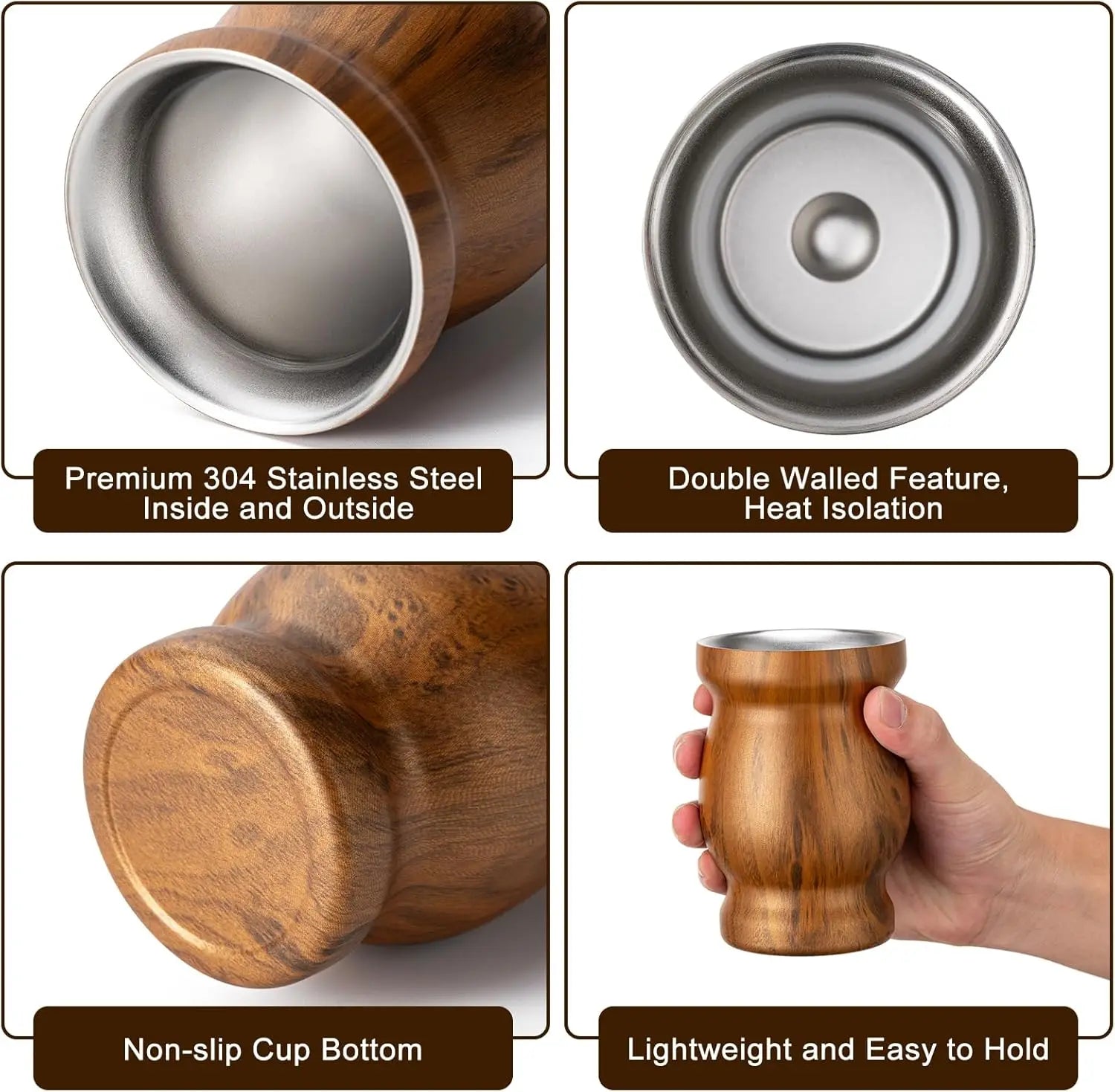 El set de mate incluye una taza de mate de acero inoxidable 18/8 de doble pared, una bombilla de mate (pajita) y un cepillo de limpieza (madera, 230 ml).