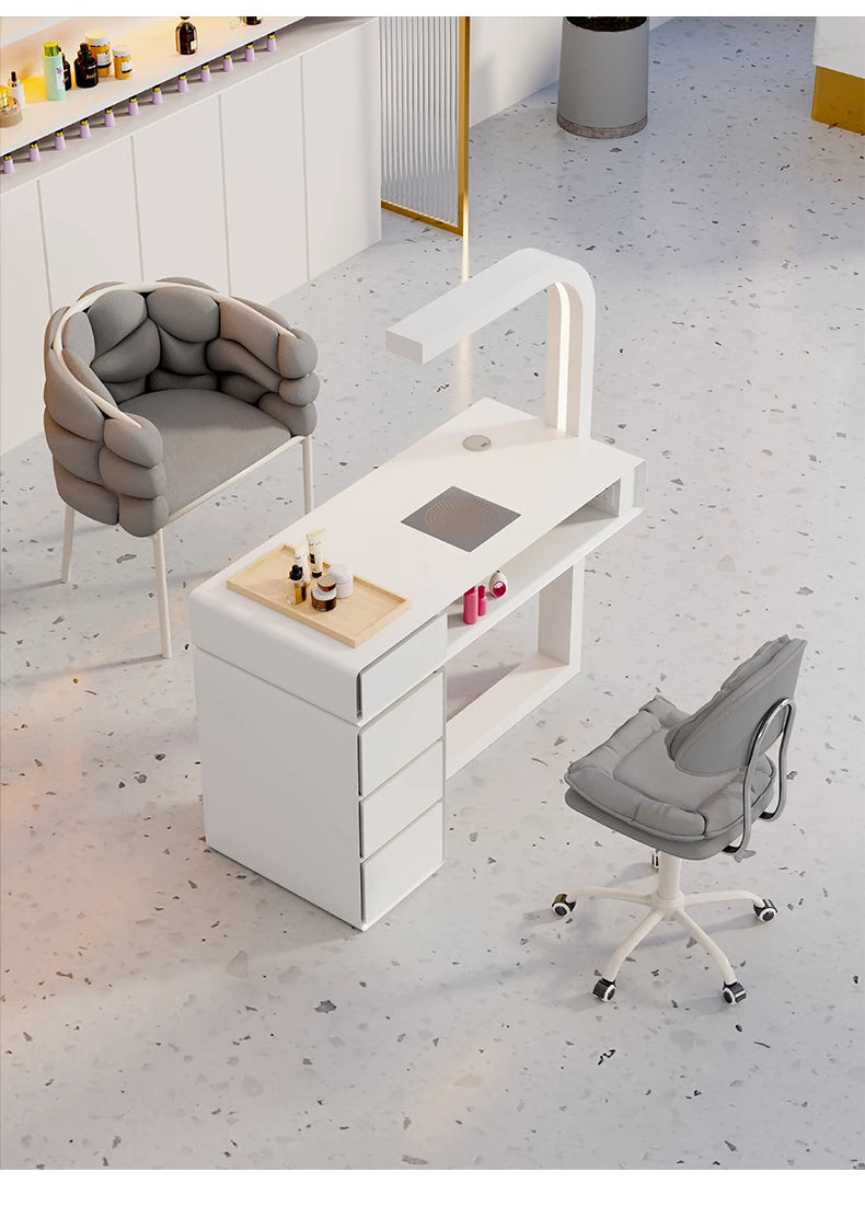 Cream Dust Collector Manicure Table With Lamp French Beauty Storage Nail Table Minimalist Aesthetic Table Ongle Salon Furniture