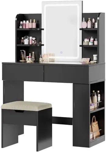 Tocador de maquillaje con espejo y luz LED regulable, tocador de maquillaje con 2 cajones y 4 estantes, estante inferior, mesa de escritorio,