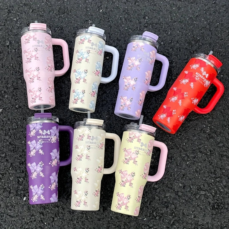 Vaso térmico de acero inoxidable con aislamiento al vacío de 900 ml con estampado floral y pajita, ideal para mantener las bebidas frías. Regalo de cumpleaños para mujeres.