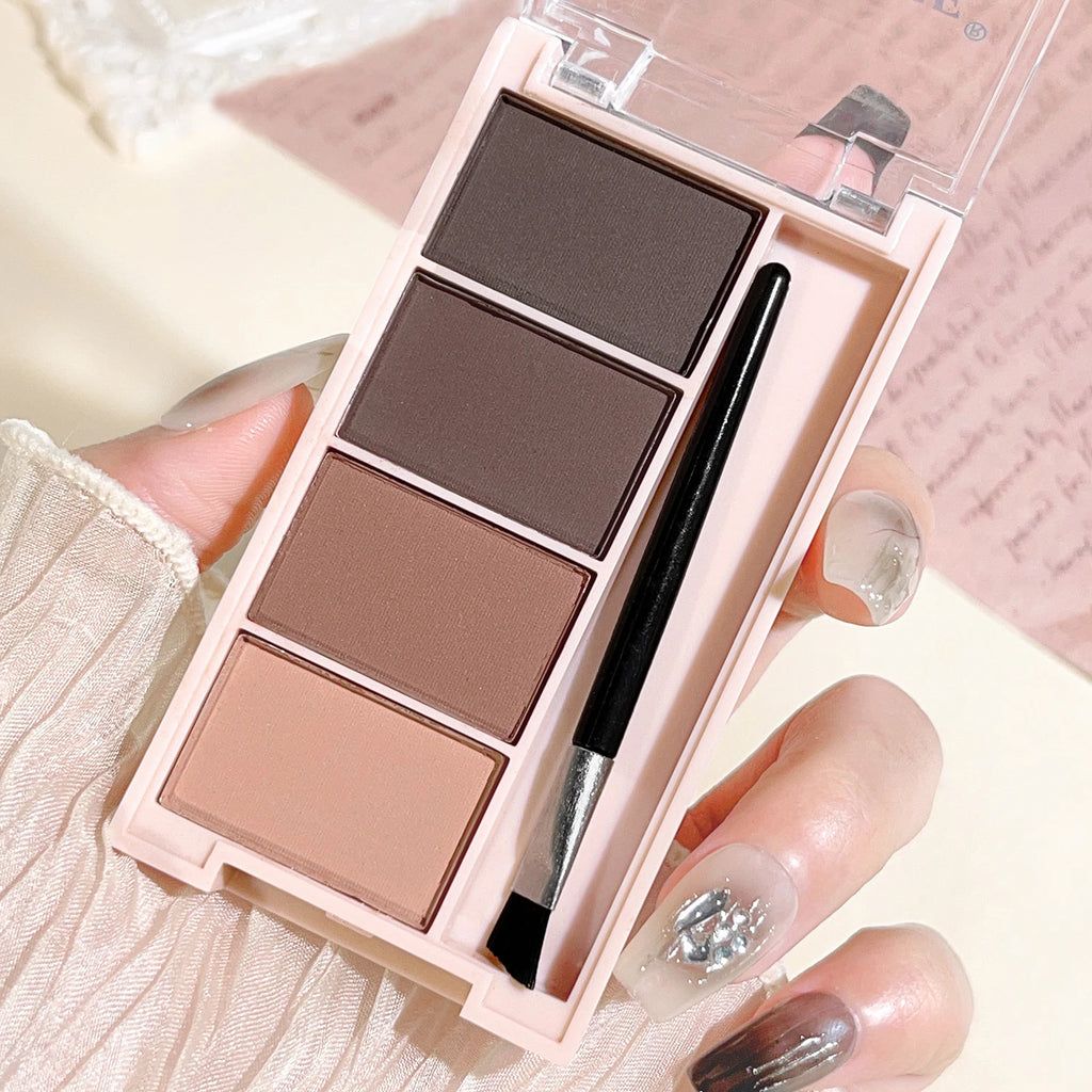 Un juego de bandejas de polvo para cejas de 4 colores con pinceles en tonos gris y marrón mate para una reproducción de color duradera, relleno y definición.