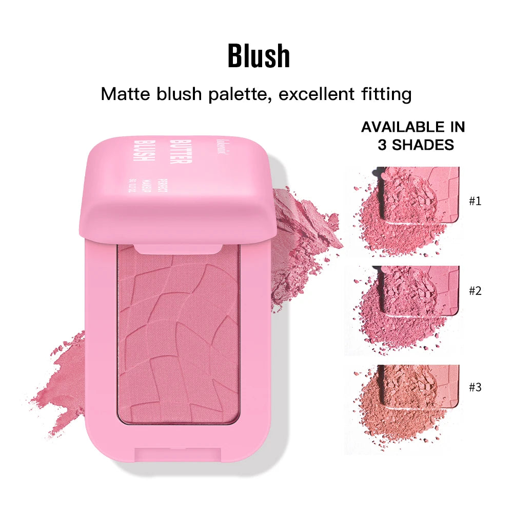 Colorete en polvo profesional de larga duración (12 horas), fórmula vegana. Colorete en polvo rosa crema de la paleta Bar Cosmetics.
