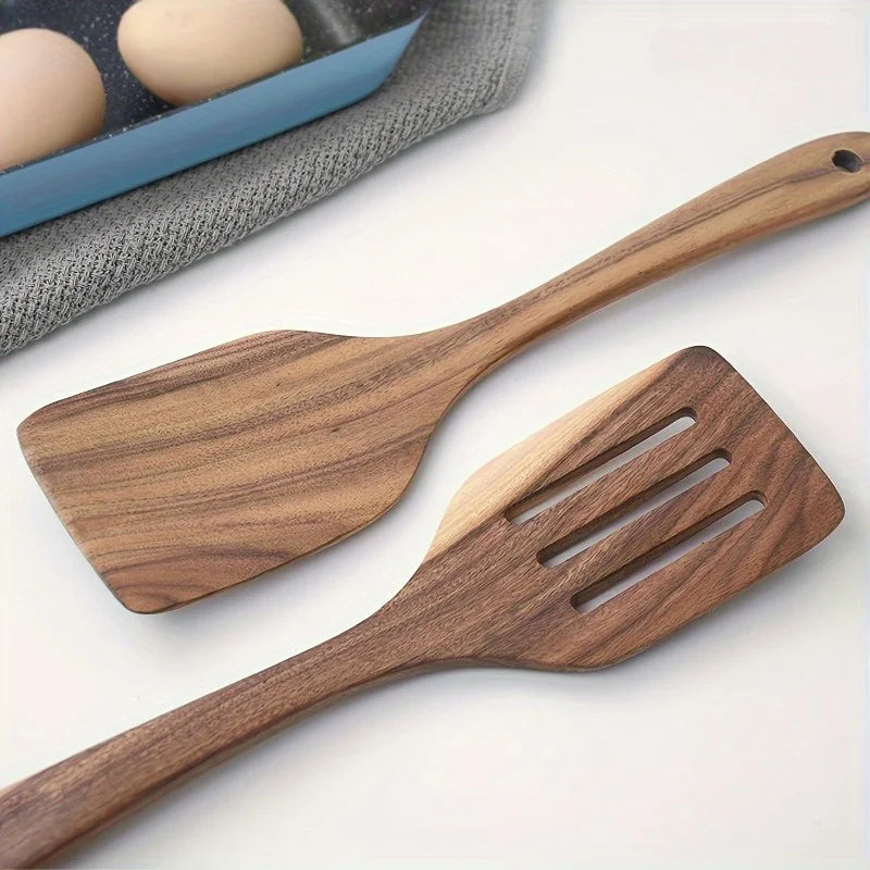 Juego de espátulas de madera - Duraderas y ergonómicas con mangos largos, utensilios de cocina multiusos que incluyen espátula ranurada.