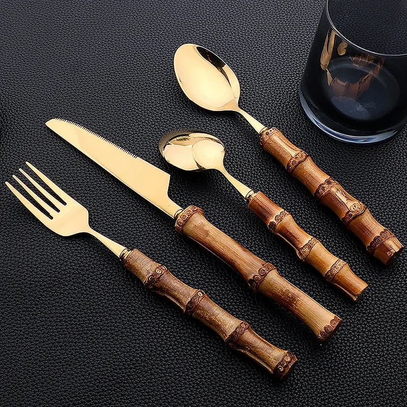 Juego de vajilla de bambú de 24 piezas, juego de cubiertos de bambú de acero inoxidable, juego de cubiertos con mango de madera natural, juego de cubiertos para carne, cuchillo para carne.
