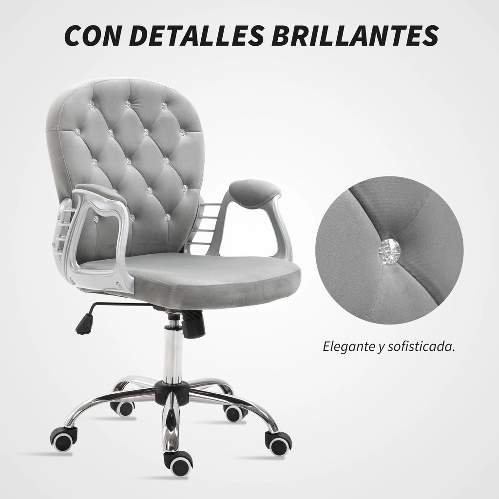 Vinsetto Silla de Escritorio de Terciopelo con Altura Ajustable Reposabrazos y Decoraciones de Diamantes 59,5x60,5x93-103 cm Gris