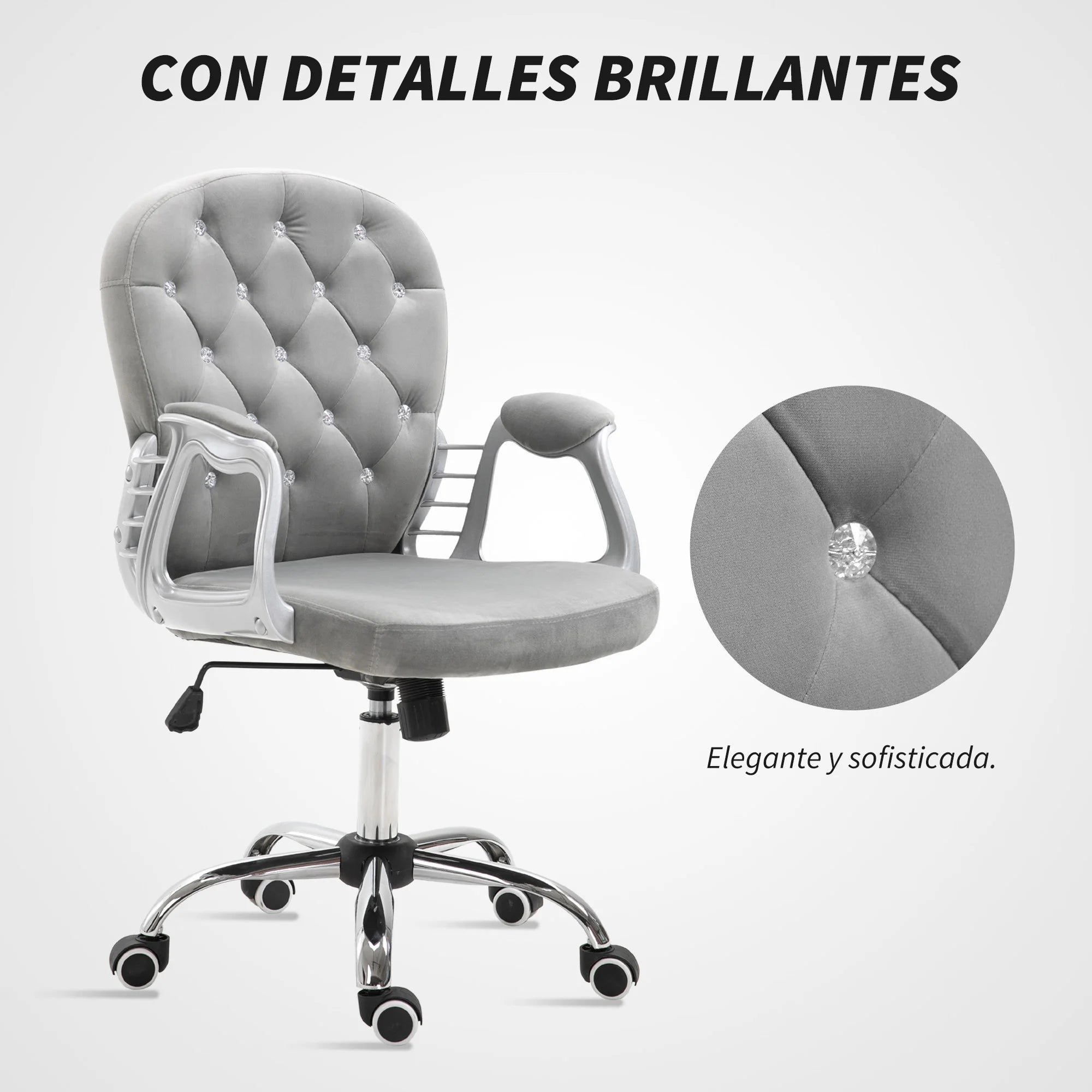 Vinsetto Silla de Escritorio de Terciopelo con Altura Ajustable Reposabrazos y Decoraciones de Diamantes 59,5x60,5x93-103 cm Gris