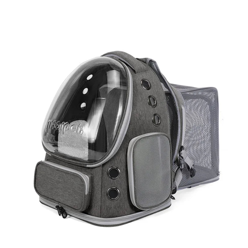 Mochila transportadora para mascotas espaciosa y expandible con correas dobles para los hombros y asa superior. Diseño apto para todas las estaciones para un viaje cómodo.