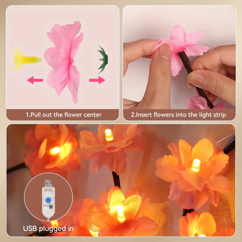 Guirnalda de ramas de cerezo con luces LED, 72/96 luces LED, ramitas de sauce y flores de durazno, ideal para fiestas en interiores, paredes, puertas y ventanas.
