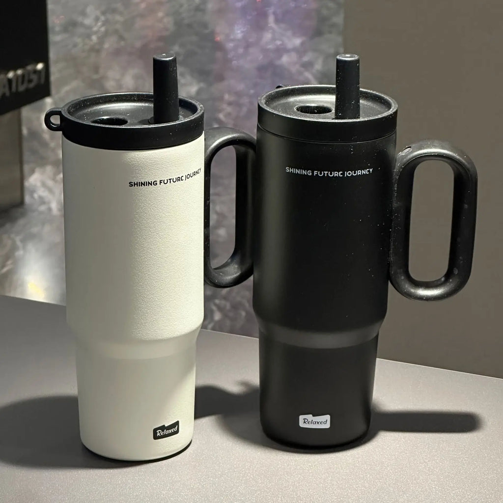 Termo de acero inoxidable de 720 ml con pajita y asa, ideal para café helado, bebidas, viajes en coche y actividades al aire libre.