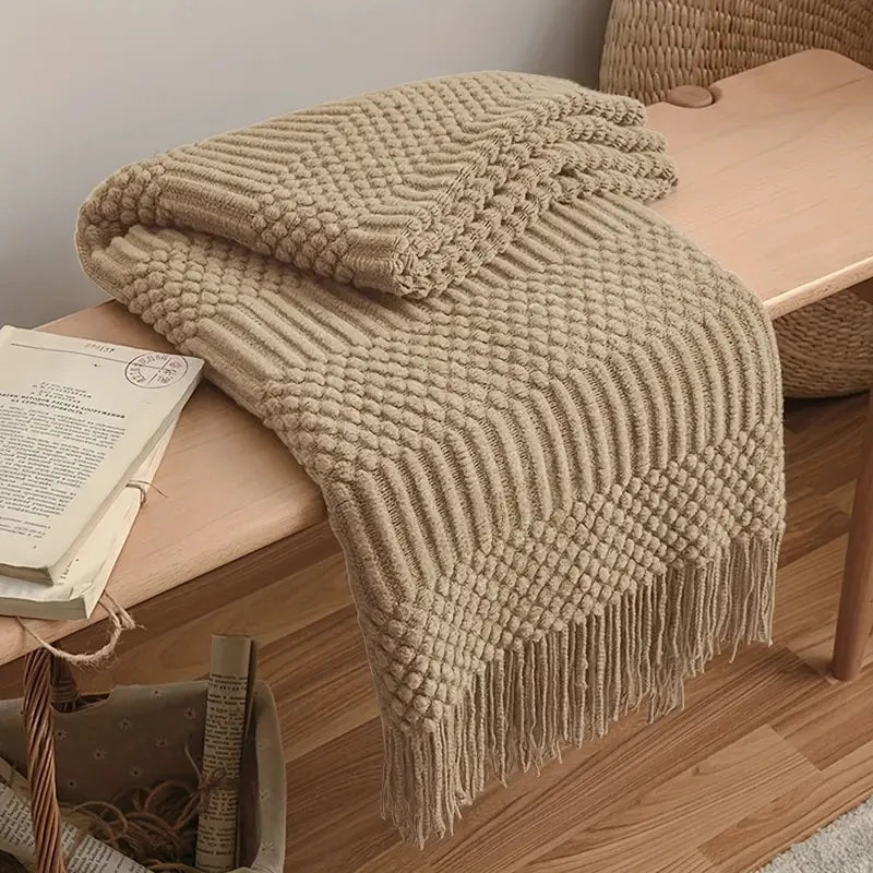 Manta tejida color caqui con borlas, gruesa, de estilo vintage, lujosa, estilo granja, cubrecama extragrande, manta para sofá