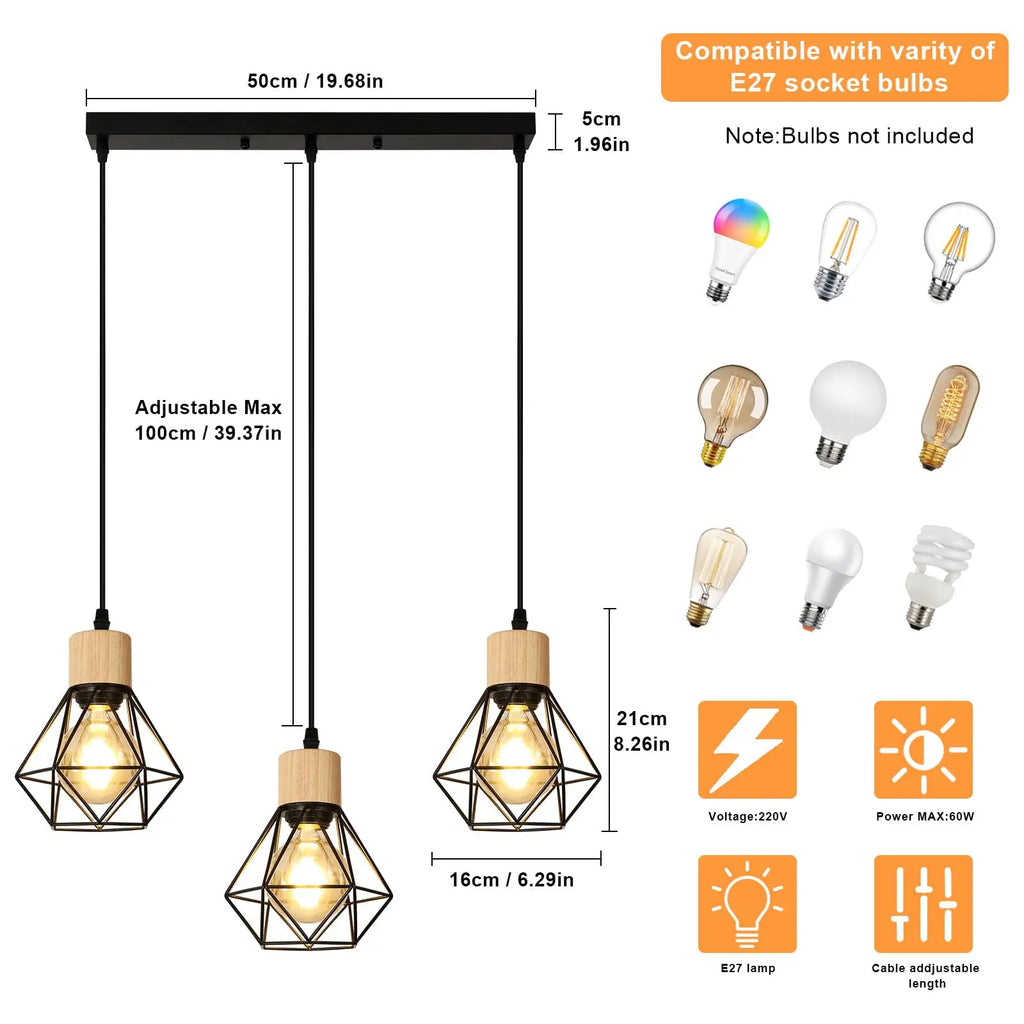 Lámparas colgantes vintage de 3 luces, E27, lámpara de techo industrial negra, iluminación de techo de madera y metal para dormitorio o cafetería.