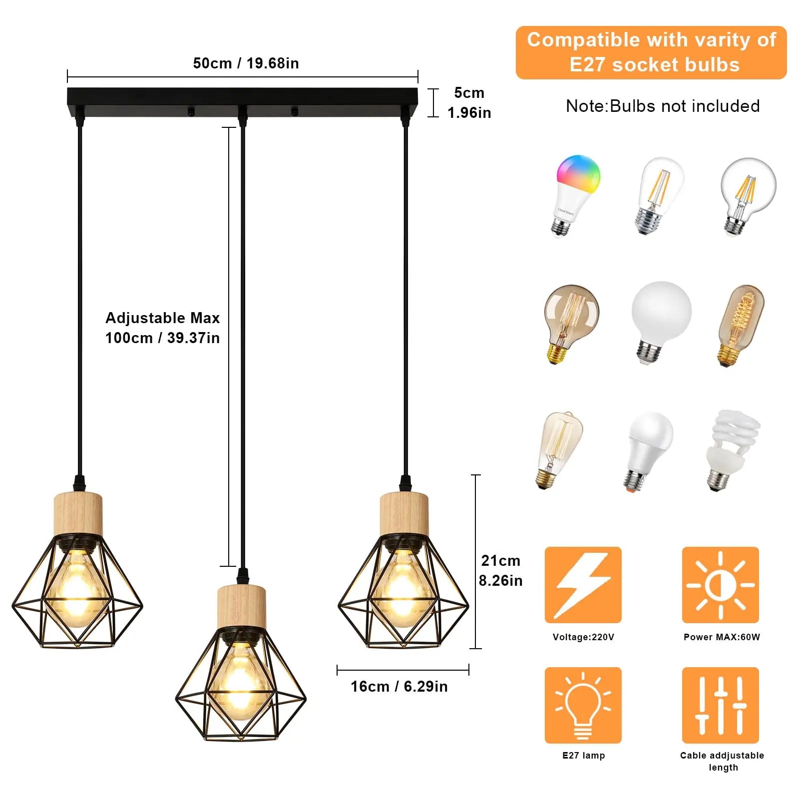 Lámparas colgantes vintage de 3 luces, E27, lámpara de techo industrial negra, iluminación de techo de madera y metal para dormitorio o cafetería.