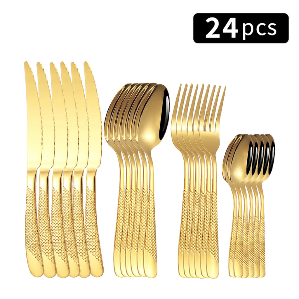 Juego de vajilla familiar de acero inoxidable de 24 piezas: cuchillo y tenedor para carne, tenedor de postre y cuchara.
