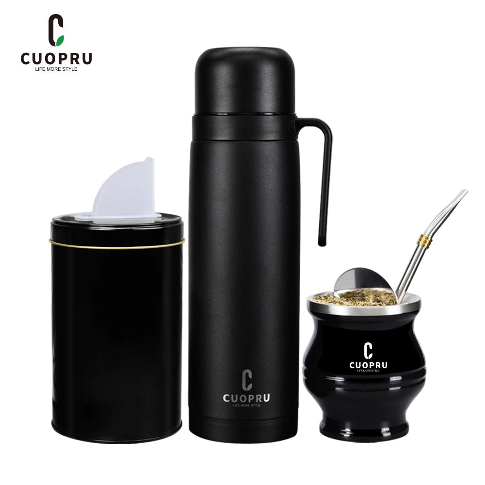 Kit completo de  mate negro: taza moderna de acero inoxidable para mate, termo, recipiente para yerba, juego de moldes para té, bombilla y pajita.