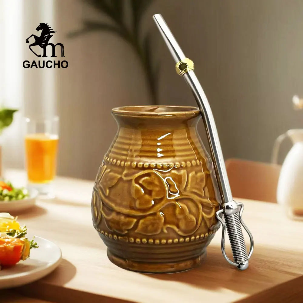 1 juego/lote de tazas de cerámica para yerba mate de 250 ml con relieve de calabaza. Incluye bombilla, filtro, pajita y cepillo de limpieza. ¡Gran oferta!