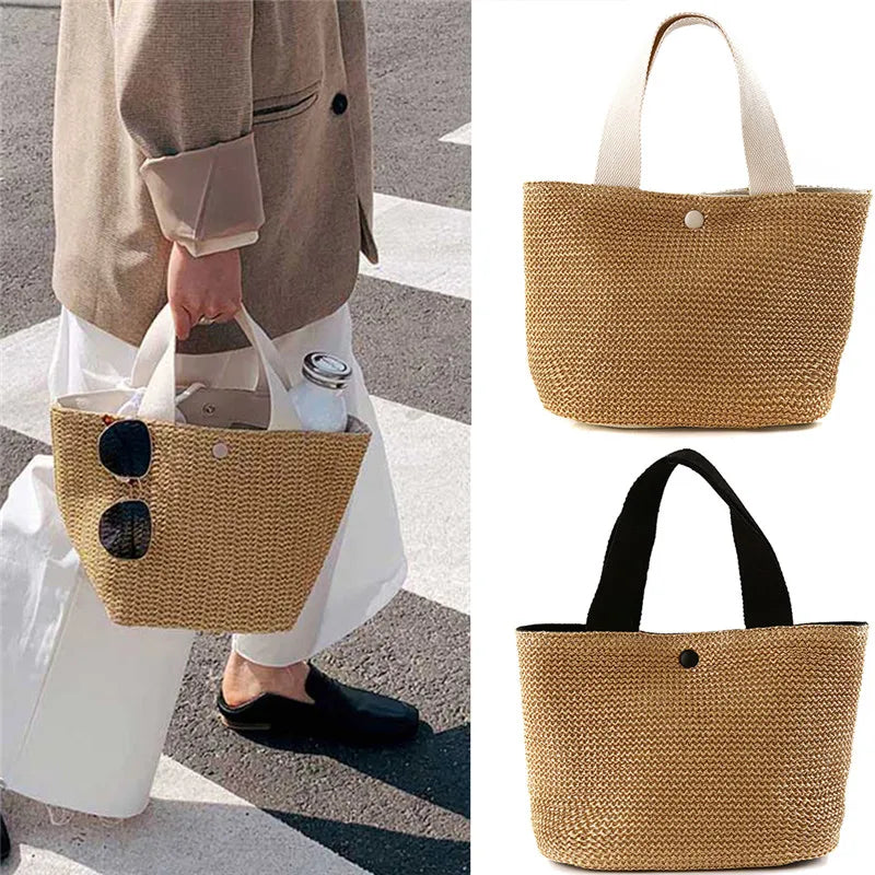 Bolso bandolera de paja playera para mujer, estilo bohemio, de verano, de ratán tejido, tipo cubo, hecho a mano.