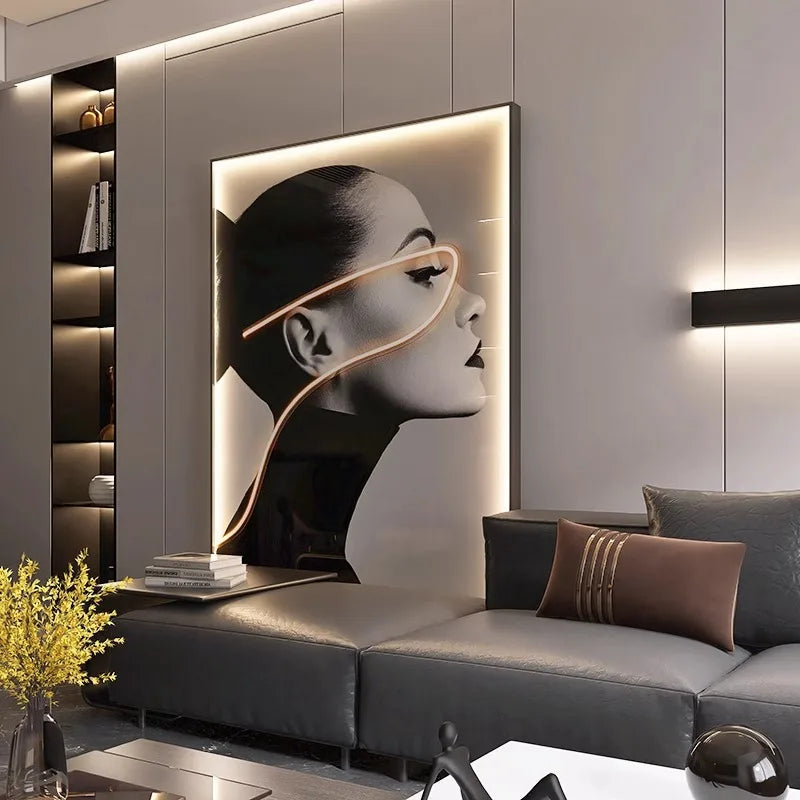 Decoración moderna minimalista para sala de estar, mural con luces LED pintadas, lujosa pintura para suelo, fondo de sofá, cuadro para colgar en la pared