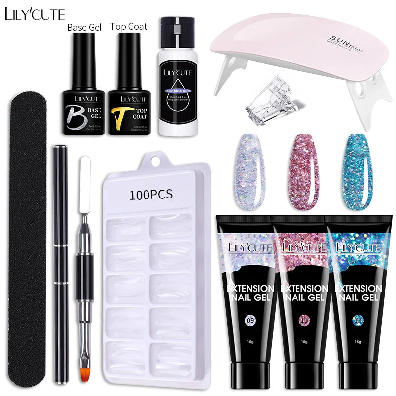 Kit de gel para extensión de uñas LILYCUTE de 15 ml, gel UV, acrílico, blanco, transparente, rosa, esmalte de uñas, lámpara LED, set de manicura para decoración de uñas.