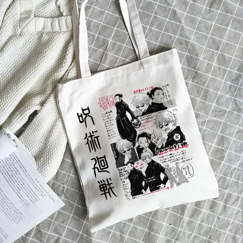Bolso de mujer Jujutsu Kaisen, bolso de lona, bolso de hombro de anime japonés para mujer Ins Harajuku, bolso de compras vintage de dibujos animados de gran capacidad.