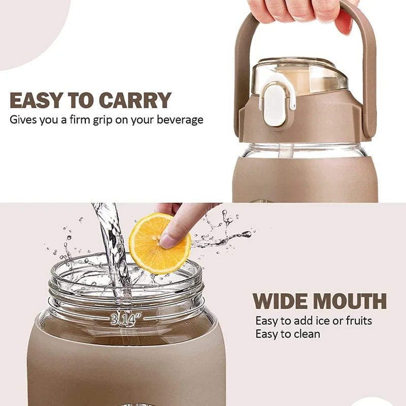 Botella de vidrio nueva de 946 ml/1656 ml/1892 ml (modelo 2024) con funda de silicona para pajita y marcador de tiempo. Ideal para camping, hogar, oficina y gimnasio.