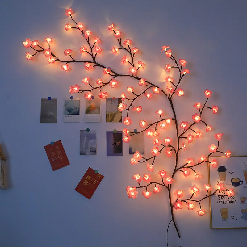 Guirnalda de ramas de cerezo con luces LED, 72/96 luces LED, ramitas de sauce y flores de durazno, ideal para fiestas en interiores, paredes, puertas y ventanas.