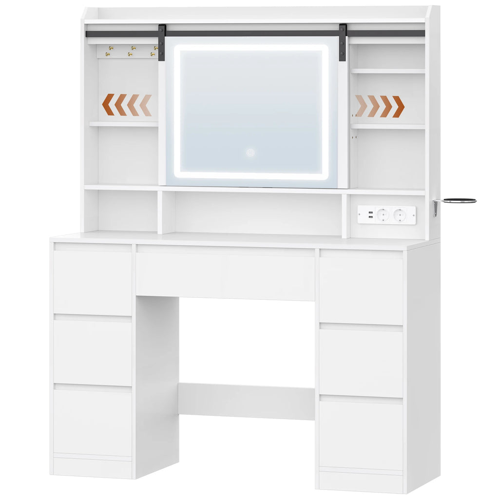 Tocador con espejo extraíble, 7 cajones, estantes abiertos, para dormitorio, 40 × 108 × 148,6 cm, blanco.