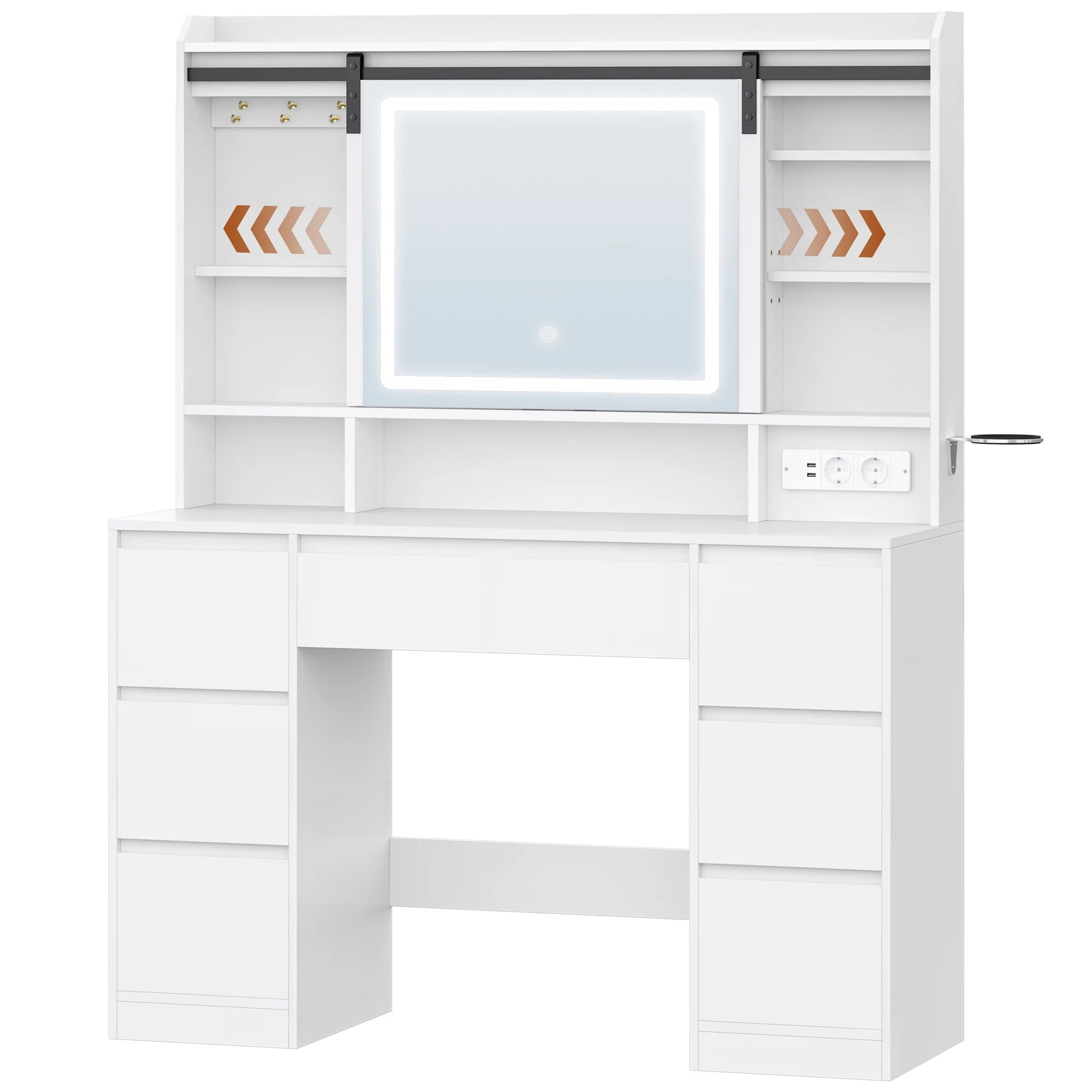 Tocador con espejo extraíble, 7 cajones, estantes abiertos, para dormitorio, 40 × 108 × 148,6 cm, blanco.