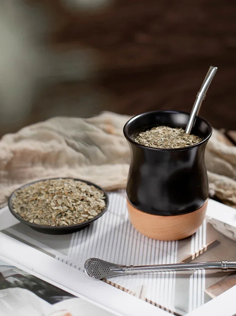 Mate   de acero inoxidable y cerámica con pajita 260 ml, cuchara y base de madera para leche, agua y té.