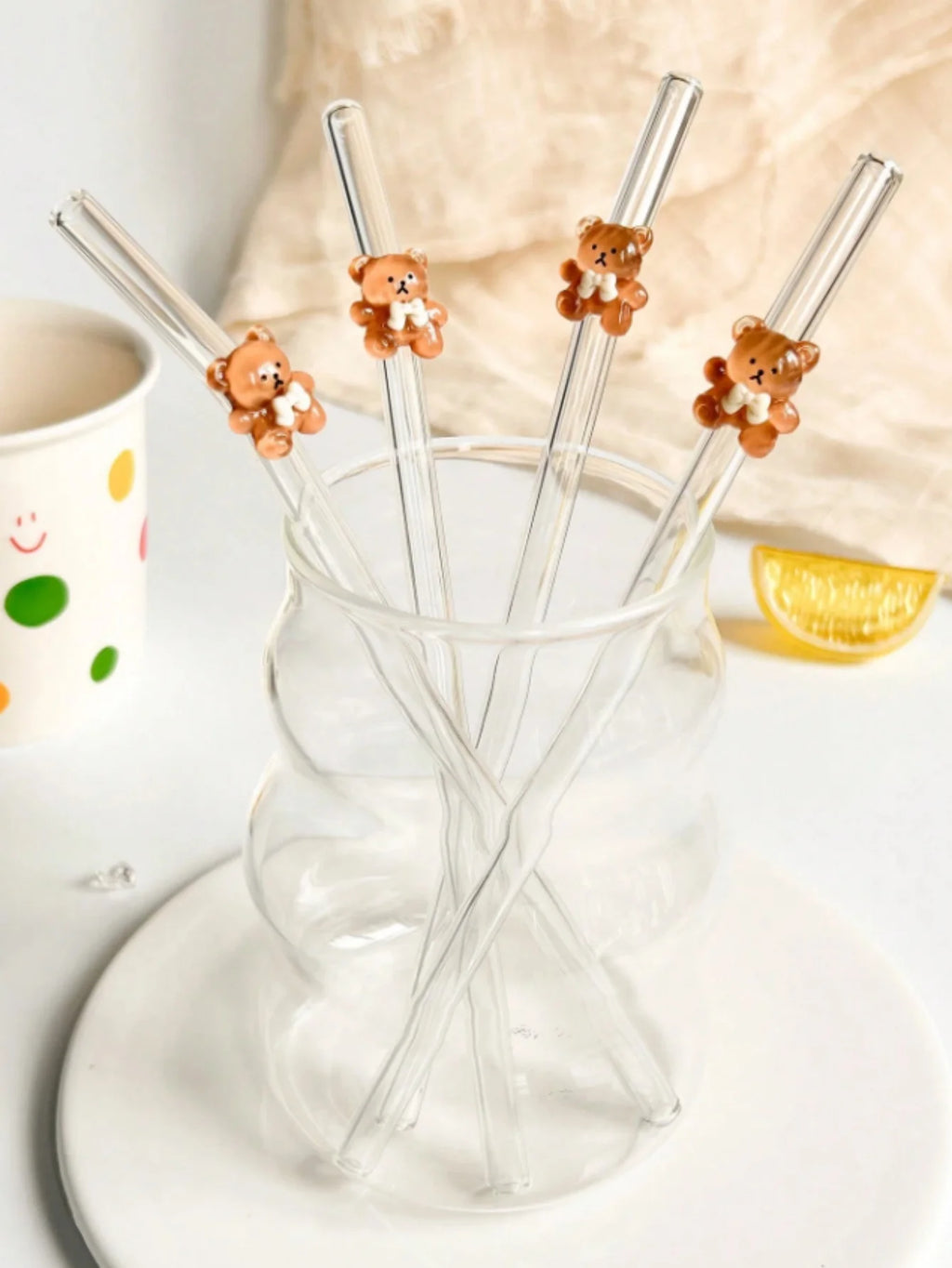 Juego de 1/5/7 pajitas de vidrio con forma de oso, pajitas curvas reutilizables para té con leche, cócteles y bebidas heladas, regalo ideal para una cita en una tienda de postres con un ambiente acogedor.