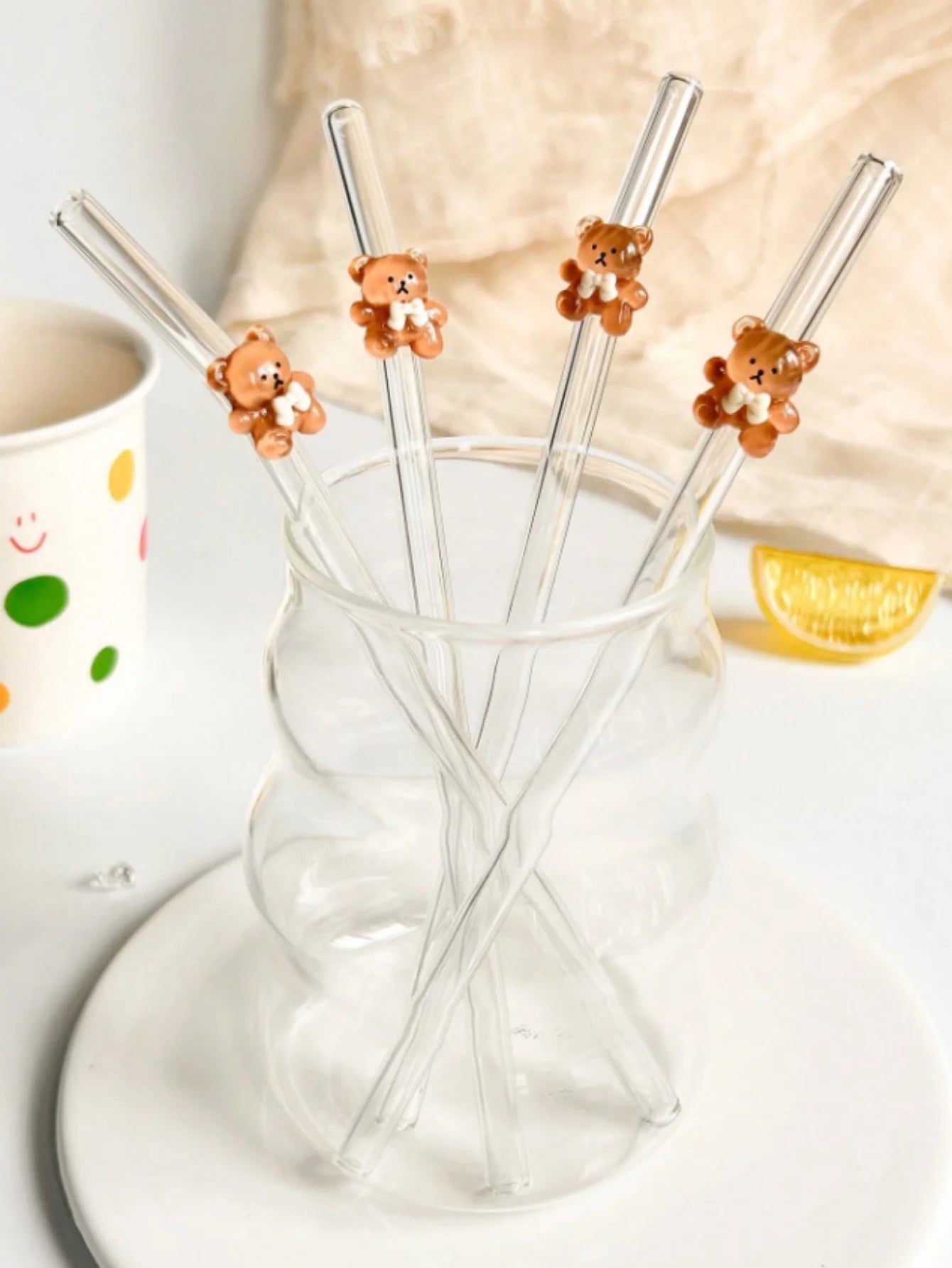 Juego de 1/5/7 pajitas de vidrio con forma de oso, pajitas curvas reutilizables para té con leche, cócteles y bebidas heladas, regalo ideal para una cita en una tienda de postres con un ambiente acogedor.