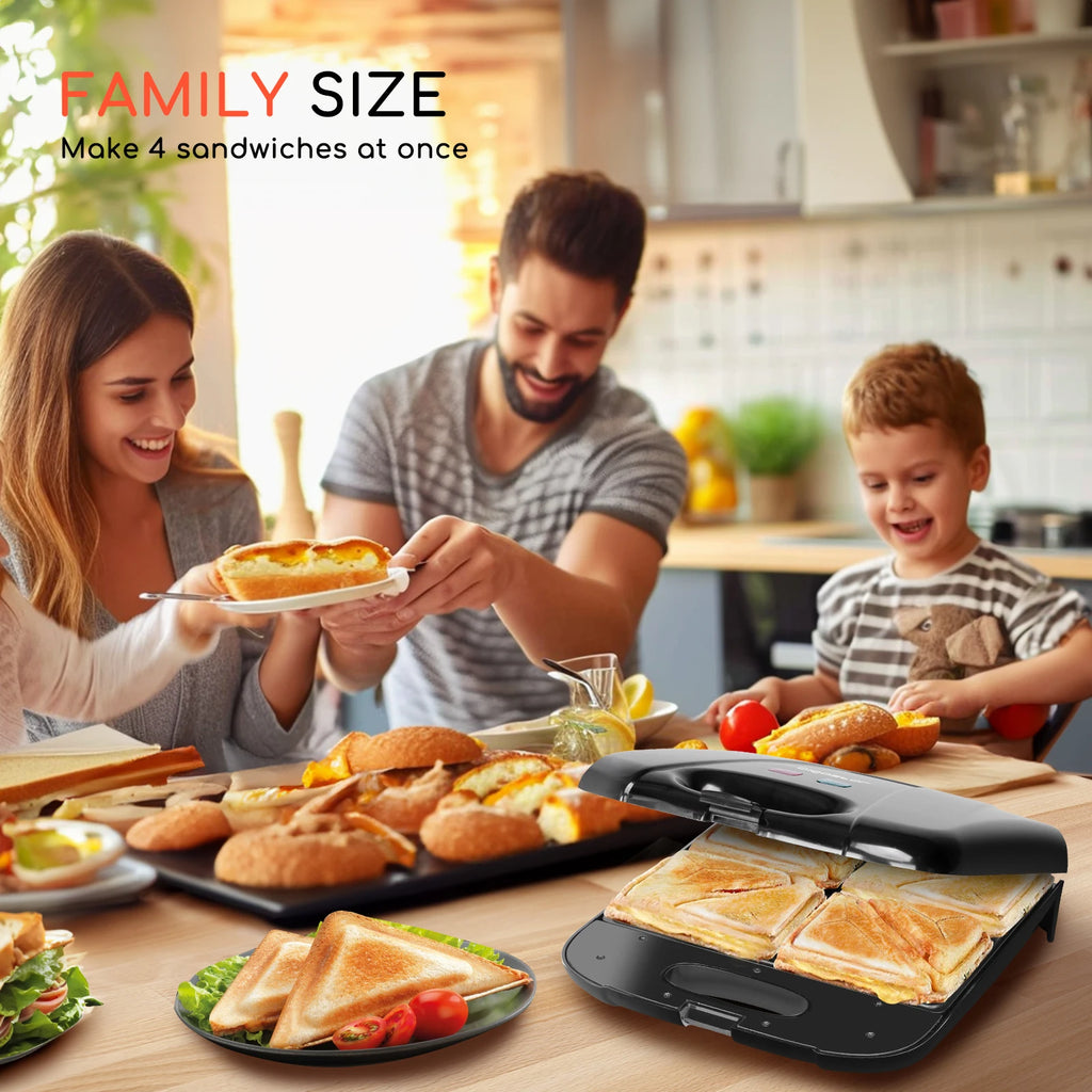 Sandwichera XXL para 4 sándwiches, revestimiento antiadherente, calentamiento rápido, indicador LED, libre de BPA, 1400 W