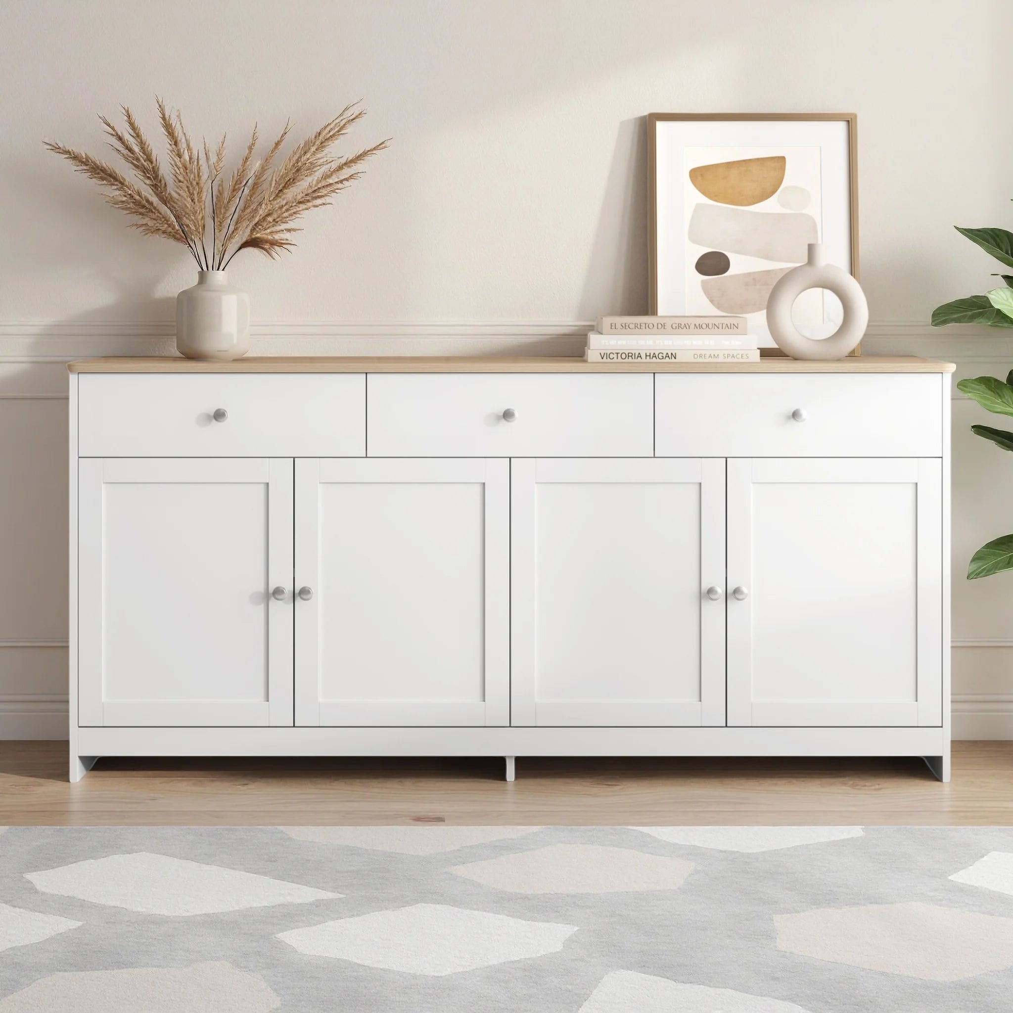 Comanlai Multi-Storage Sideboard Scandinavian Modern Buffet Cabinet 3 Drawers 4 Doors Storage Cabinet For Dining Living Room