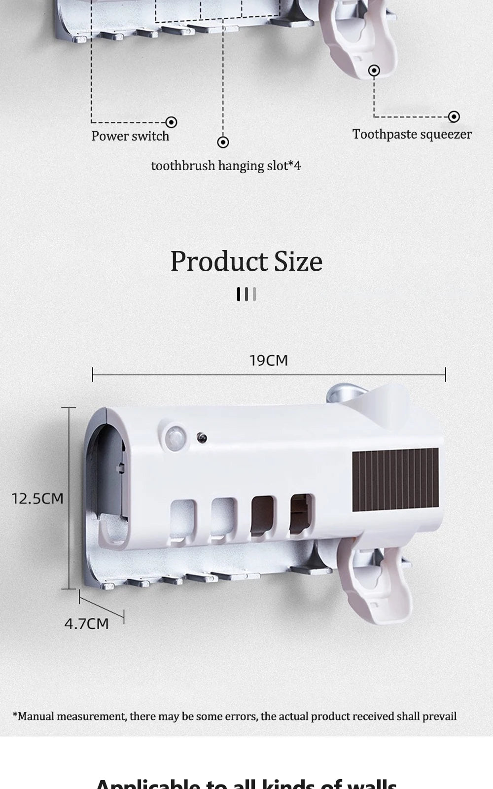 Soporte para cepillos de dientes, dispensador de pasta de dientes, energía solar, caja de almacenamiento para cepillos de dientes de baño, soporte de almacenamiento multifunción, carga USB.