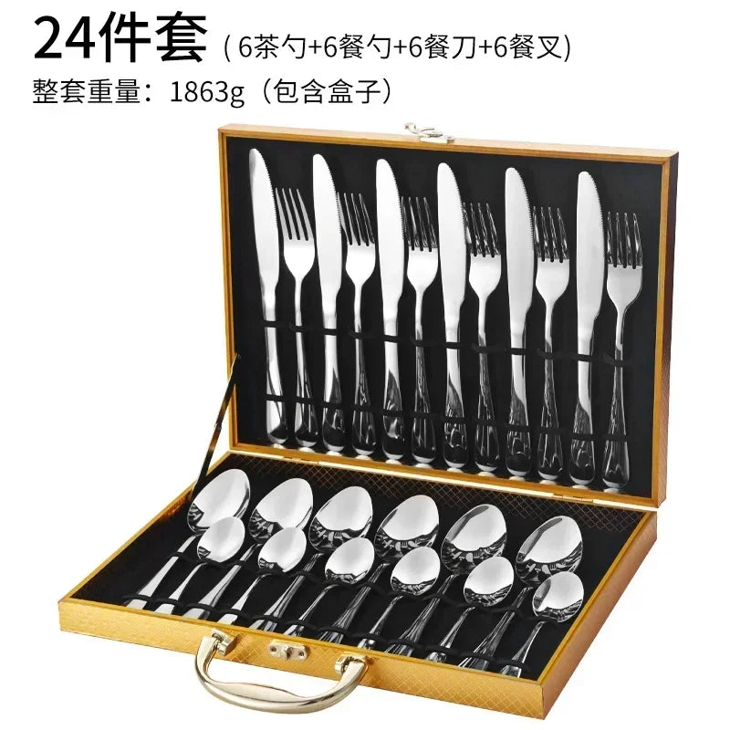 Juego de vajilla dorada de 24 piezas, lujo ligero, acero inoxidable, cubiertos, tenedor, cuchillo, cuchara, vajilla minimalista con caja de regalo.