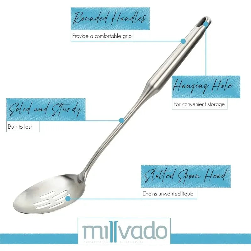 Utensilio para cocinar, servir y mezclar. Herramienta de cocina. Cuchara de cocina ranurada de acero inoxidable. Colador de metal grande para chef.