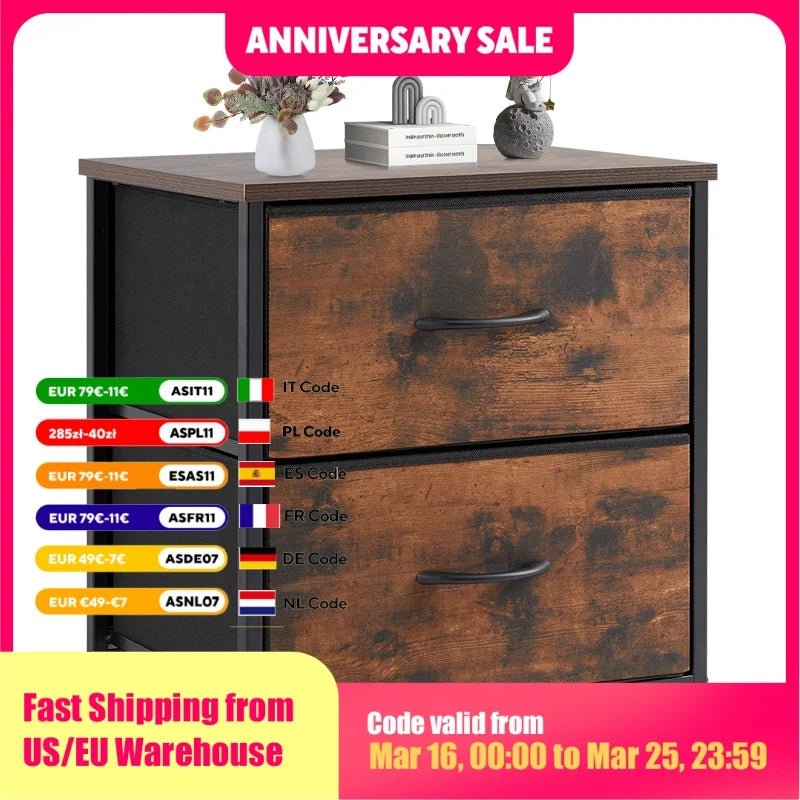 Mesita de noche JHK, mesa auxiliar para sofá, mesa de té, armario de almacenamiento, cómoda, expositor de ropa para dormitorio, 2 cajones de tela, mueble de armario