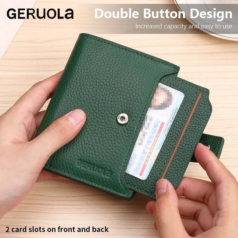 Cartera multifuncional antirrobo RFID de tres pliegues y múltiples pliegues de cuero genuino de vaca con cierre magnético y cierre antimanipulación.