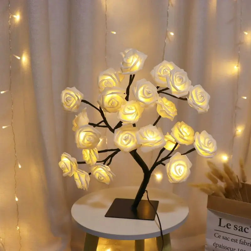 Lámpara de mesa con 24 luces LED de rosas rojas en forma de árbol, luz nocturna de hadas con forma de flor para decoración del hogar, fiestas, Navidad, bodas y dormitorios. Regalo ideal.