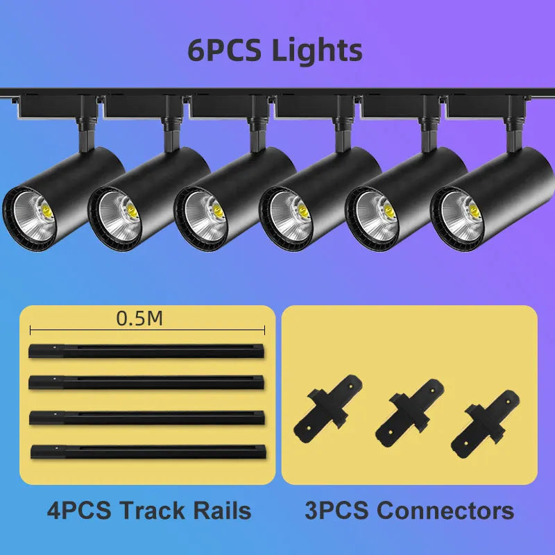 Juego completo de focos LED de riel de 50W, 40W y 20W con tecnología COB para iluminación de riel de techo en interiores, ideales para la decoración de salas de estar y cocinas.