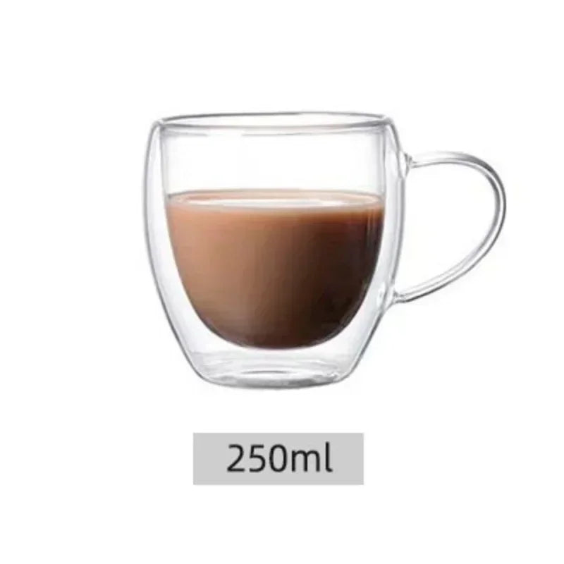 Taza de vidrio de borosilicato de doble pared transparente resistente al calor con asa, ideal para café, leche, zumo o agua. Regalo perfecto para amantes del café.