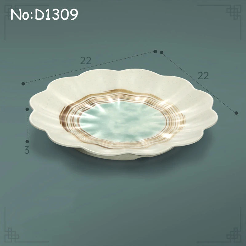 Juego de platos planos de melamina, bandeja comercial para comida rápida, plato plano para sushi y filete de restaurante, estilo palacio, vajilla irrompible