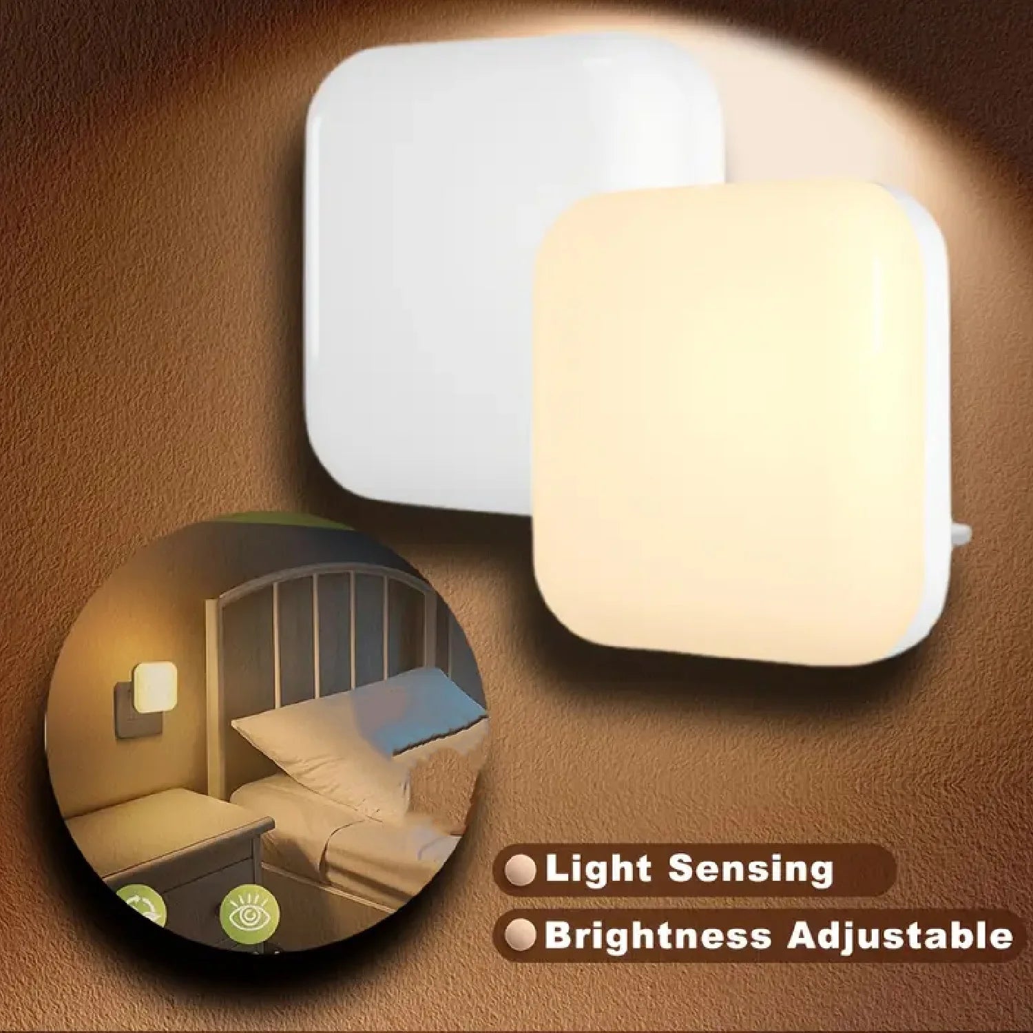 1 o 2 luces nocturnas LED enchufables a la pared, con sensor de luz crepuscular, 0,5 W, luz nocturna cuadrada enchufable, 2700 K, luz cálida.