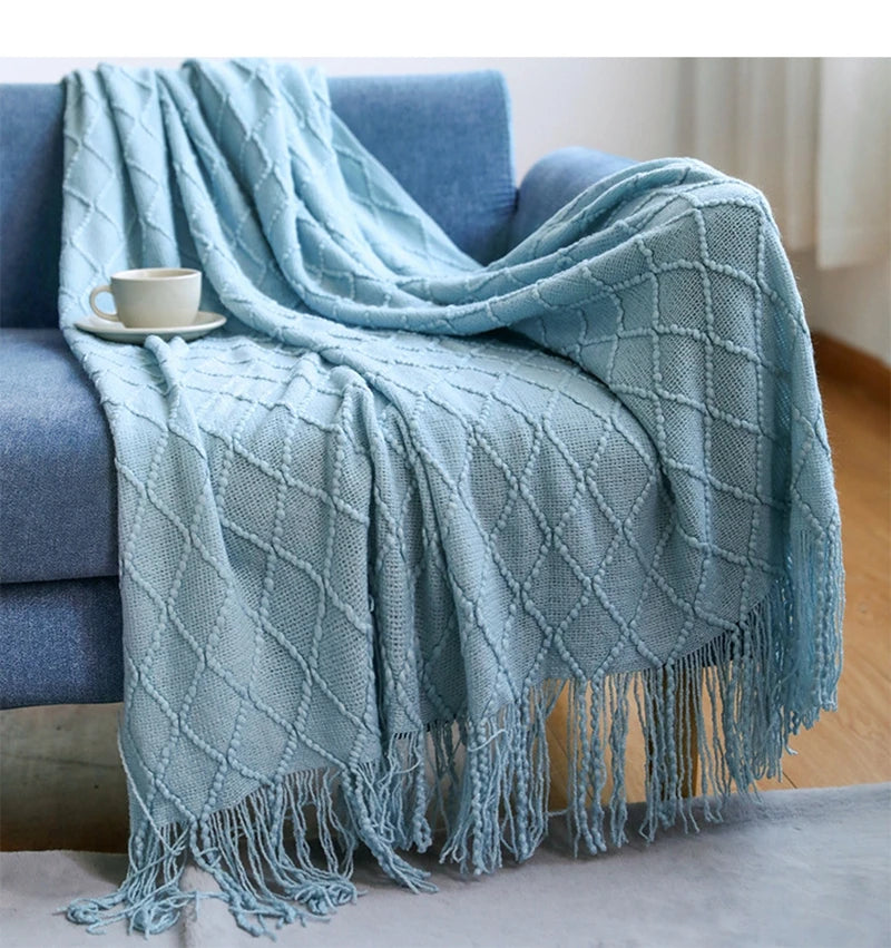 Mantas nórdicas de punto con borlas, color caqui, crema y gris, estilo vintage, ideales para cama, sofá o sillón. Funda de cama extragrande.