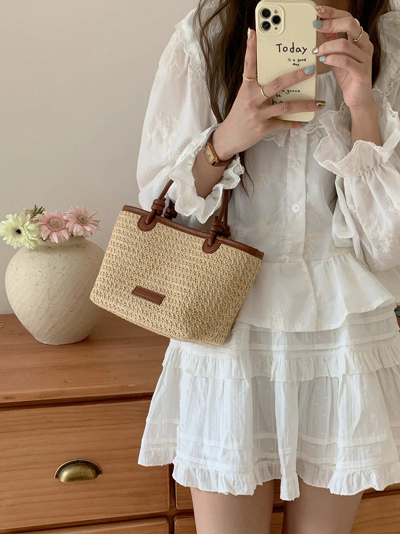 Bolso de hombro de paja para mujer, ideal para vacaciones de verano, con diseño retro. Bolsos cruzados portátiles para mujer, estilo cesta tejida.