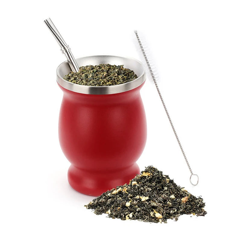 Mate de acero inoxidable de doble pared de 230 ml (8 oz) para yerba mate, incluye una bombilla (pajita) y un cepillo de limpieza.